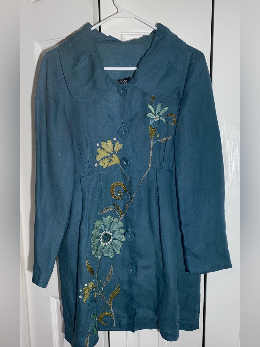 CoVelo Art To Wear Linen Jacket 6 Teal Blue Floral Embroidered Lagenlook  AA22
